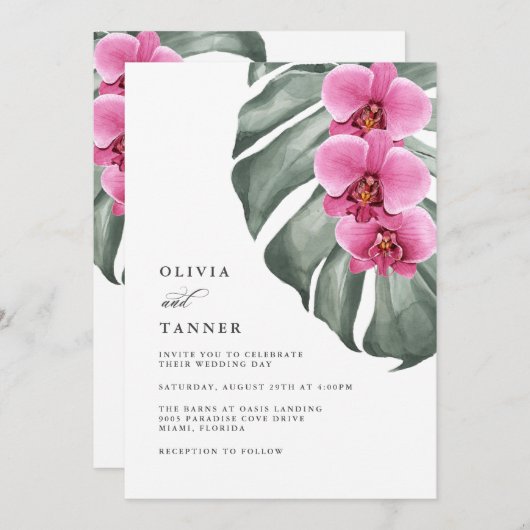 QR-Code für Hot Pink Orchids Tropical Wedding Einladung (Vorne/Hinten)