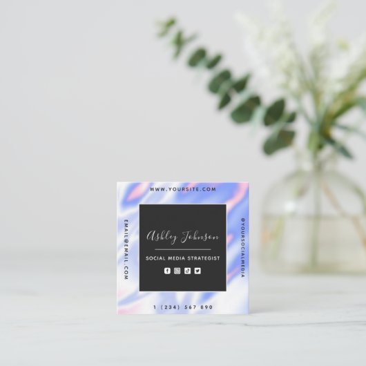 QR-Code für Iridescent Holograph Gradient Social M Quadratische Visitenkarte (Stehend Vorderseite)