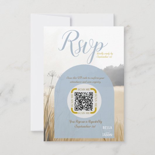 QR-Code für Küstenwiese | Eleganter Blauer Bogen RSVP Karte (Vorderseite)