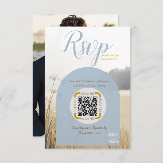QR-Code für Küstenwiese | Eleganter Blauer Bogen RSVP Karte (Vorne/Hinten)