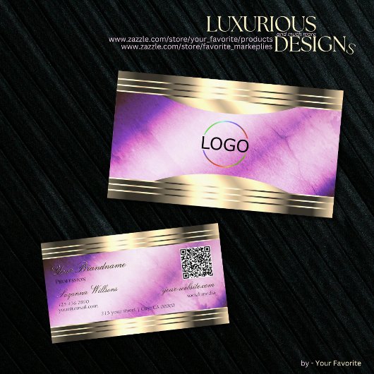 QR-Code für lebendige Lila Marble Gold Borders Visitenkarte