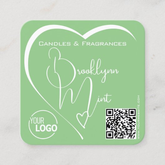 QR-Code für Light Minze Green Calligraphy Heart Lo Quadratische Visitenkarte (Vorderseite)
