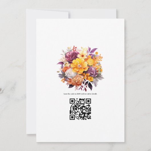 QR-Code für lila, orangefarbene und gelbe Blumenze Einladung (Rückseite)