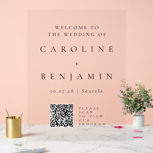 QR-Code für Minimalistisches Schwarz-weißes Hochze Acrylschild (Hochzeit)