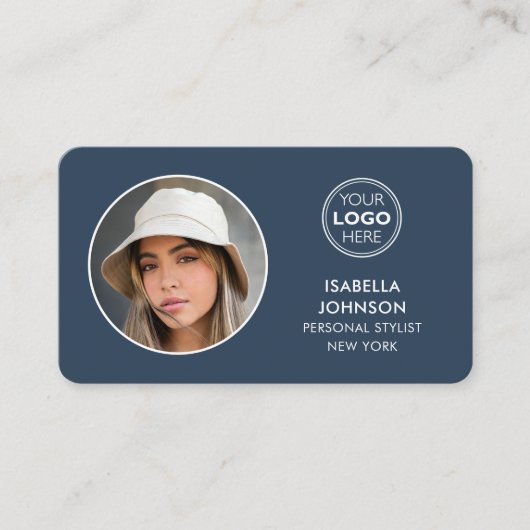 QR-Code für moderne Minimalistische Fotos - Blau Visitenkarte (Vorderseite)