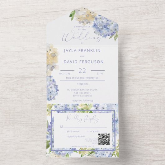 QR-Code für moderne Periwinkle & White Hydrangeas All In One Einladung (Innen Boden)