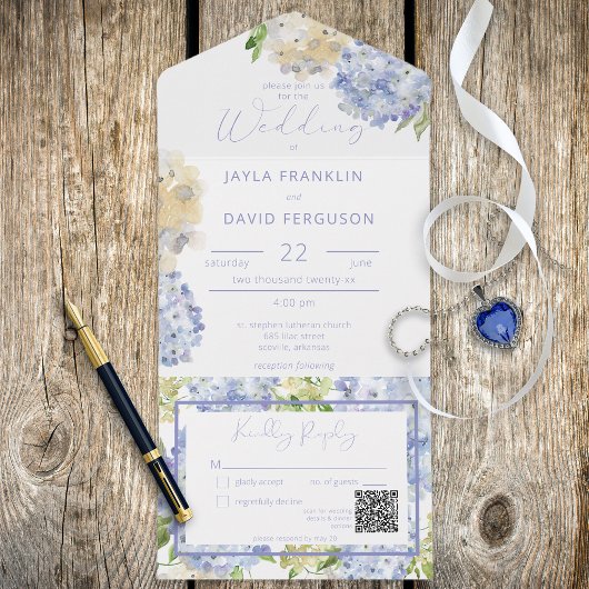 QR-Code für moderne Periwinkle & White Hydrangeas All In One Einladung