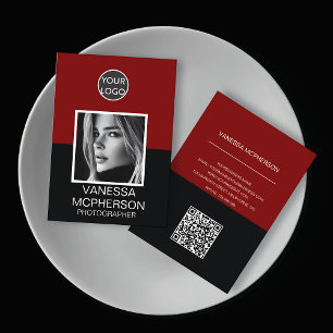 QR-Code für moderne Rot- und Schwarzes Foto Visitenkarte