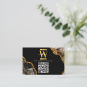 QR-Code für Monogramm-Glitzer mit schwarzem Agate- Visitenkarte (Stehend Vorderseite)