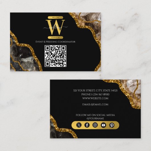 QR-Code für Monogramm-Glitzer mit schwarzem Agate- Visitenkarte (Vorne/Hinten)