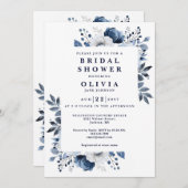 QR-Code für Navy Blue Elegant Floral Brautparty Einladung (Vorne/Hinten)