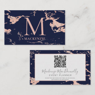 QR-Code für Navy Blue Rose Gold Foil Marble Monogr Visitenkarte