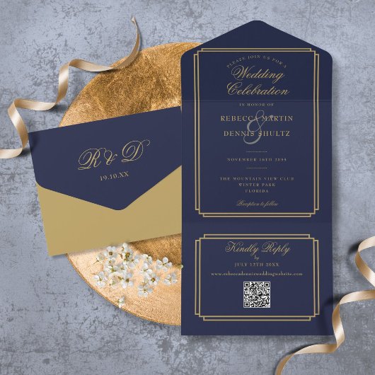 QR-Code für Navy Blue und Gold Art Deco Wedding All In One Einladung