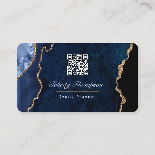 QR-Code für Navy Blue und Gold Geode Agate Stone Visitenkarte (Vorderseite)