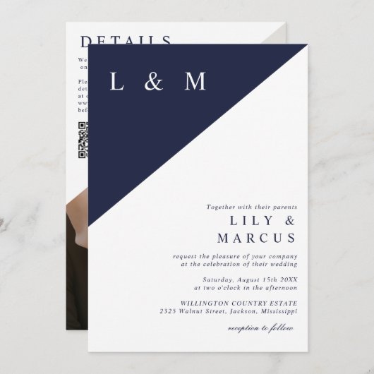QR-Code für Navy Blue White Minimalistisch Wedding Einladung (Vorne/Hinten)