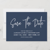 QR-Code für Navy Modern Calligraphy Scannable Save The Date (Vorderseite)