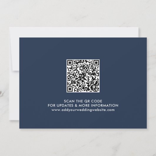QR-Code für Navy Modern Calligraphy Scannable Save The Date (Rückseite)