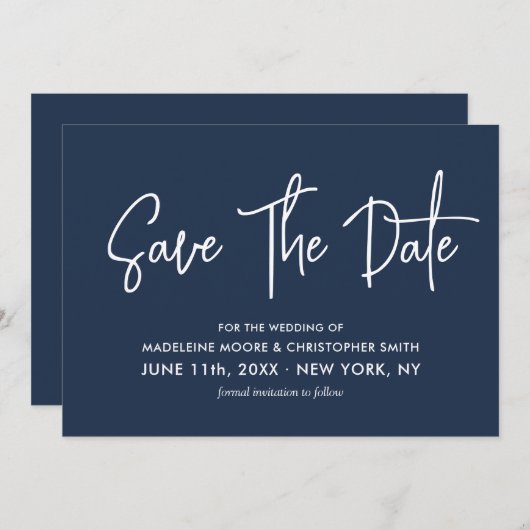 QR-Code für Navy Modern Calligraphy Scannable Save The Date (Vorne/Hinten)