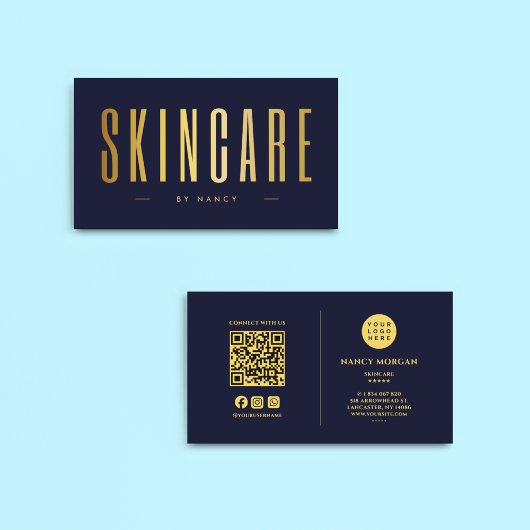 QR-Code für Navy und Gold und Logo für Skincare Visitenkarte