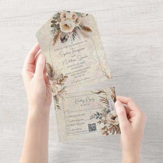 QR-Code für neutrale Bohemische Blume All In One Einladung (Abreißen)