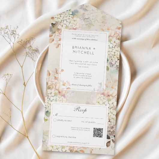 QR-Code für neutrale Vintage Hydrangeas All In One Einladung