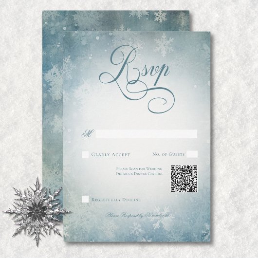 QR-Code für romantische Falling Snow Blue & White RSVP Karte