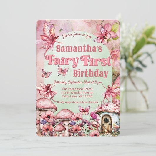 QR-Code für Rosa und grüne Mäuse am ersten Geburts Einladung (Stehend Vorderseite)