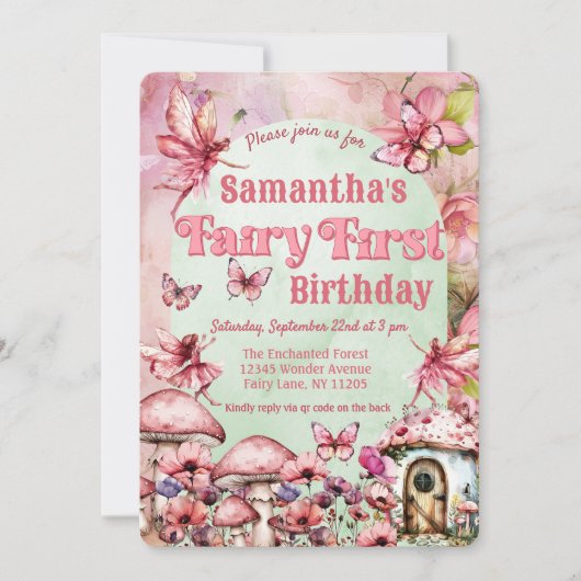 QR-Code für Rosa und grüne Mäuse am ersten Geburts Einladung (Vorderseite)