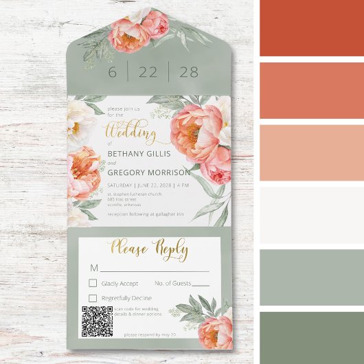 QR-Code für rustikale Blush Peach & White Peonings All In One Einladung