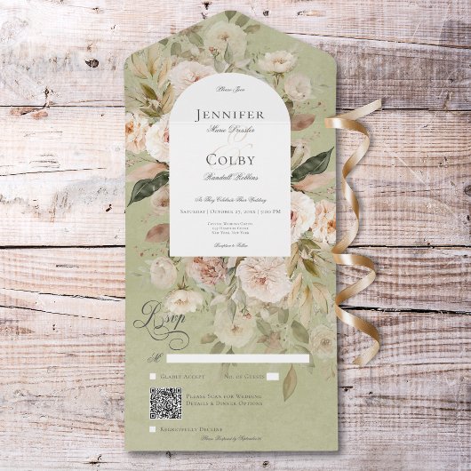 QR-Code für rustikale neutrale Tan- und grüne Blüt All In One Einladung