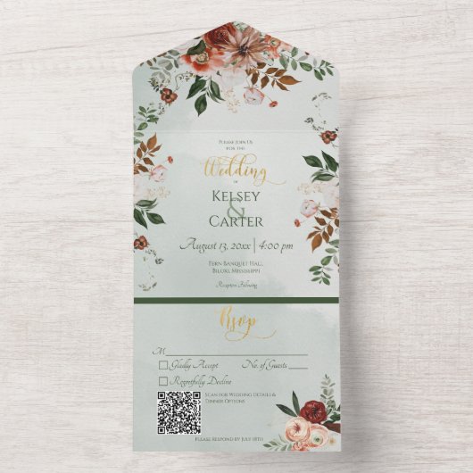 QR-Code für rustikale Pfirsichrost & Sage Green Fl All In One Einladung (Innen Boden)