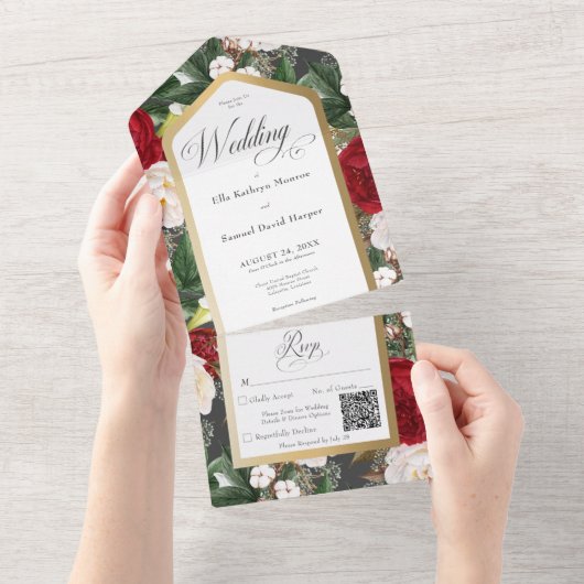 QR-Code für rustikale Rot- und Weißblütengoldrahme All In One Einladung (Abreißen)