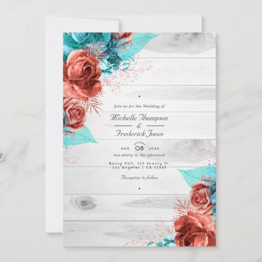 QR-Code für rustikale Türkis- und Korallenflora-Ho Einladung (Vorderseite)