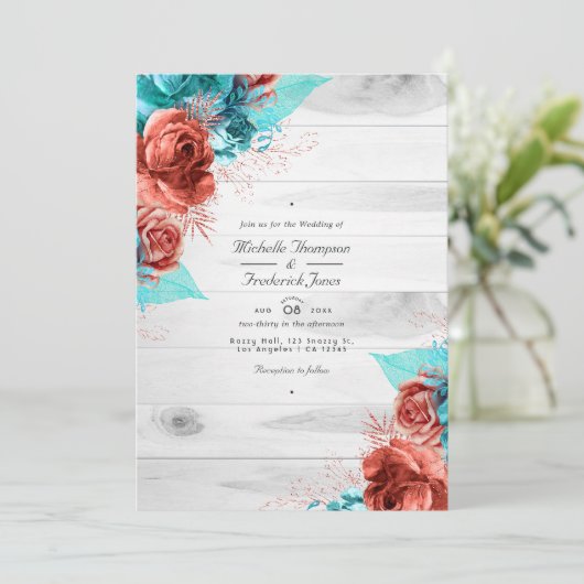 QR-Code für rustikale Türkis- und Korallenflora-Ho Einladung (Stehend Vorderseite)