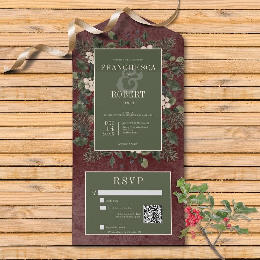 QR-Code für rustikale Winterfrüchte & Pine Burgund All In One Einladung