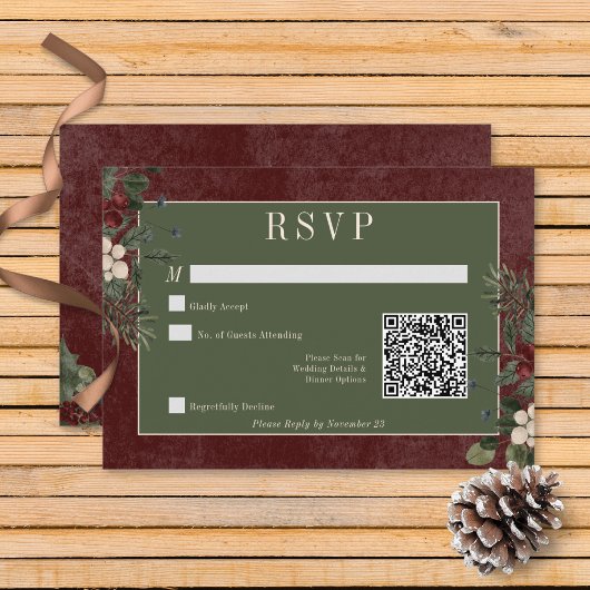 QR-Code für rustikale Winterfrüchte & Pine Burgund RSVP Karte