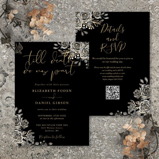 QR-Code für Schwarz-Gold-Gothic-Flora-Hochzeit Einladung