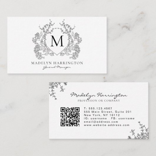 QR-Code für Schwarz-weißes florales Wappen Visitenkarte (Vorne/Hinten)