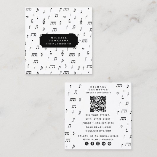 QR Code für schwarze und weiße Noten Quadratische Visitenkarte (Vorne/Hinten)
