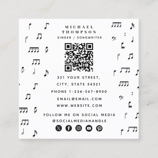 QR Code für schwarze und weiße Noten Quadratische Visitenkarte (Rückseite)