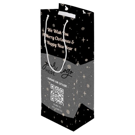 QR-Code für Schwarzes Weihnachtsgeschenk Geschenktüte Für Weinflaschen (Rückseite Schrägansicht)