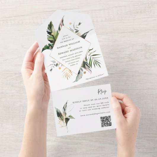 QR-Code für tropische Aquarellblätter All In One Einladung (Abreißen)