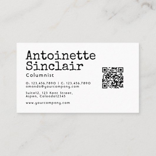 QR-Code für Typografie mit schwarzer und weißer Sc Visitenkarte (Rückseite)