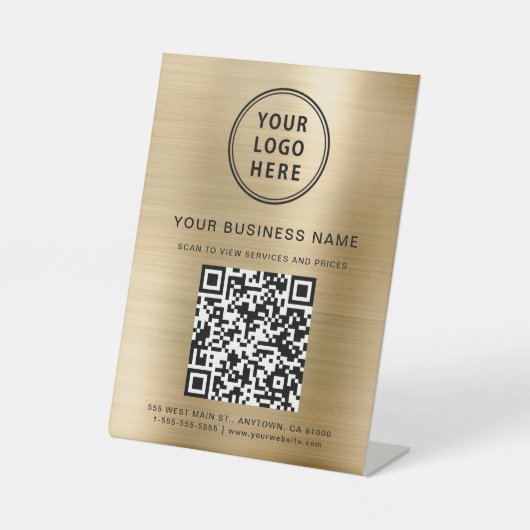 QR-Code für Unternehmen und Logo Metallic Gold Sockelschild (Vorderseite)