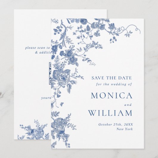QR-Code für viktorianisch Blue French Garden Weddi Save The Date (Vorne/Hinten)