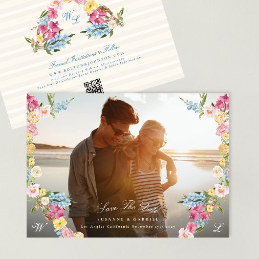 QR-Code für Vintage Liebe Floral Wreath Monogramm  Save The Date