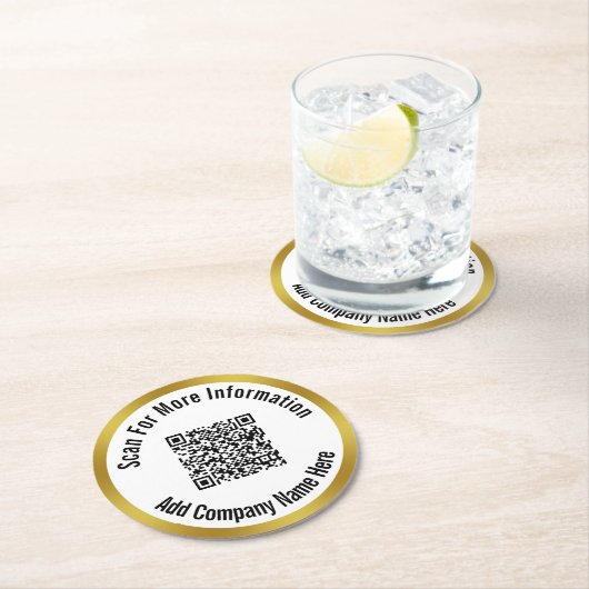 QR-Code für weitere Informationen Gold und Weiß Runder Pappuntersetzer (Vor Ort)