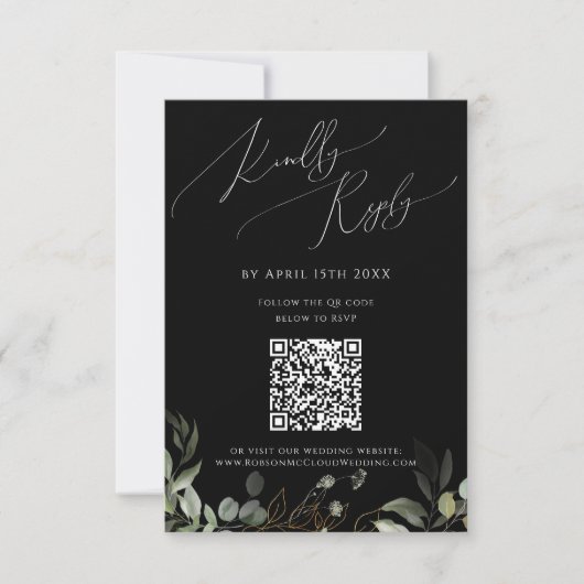 QR-Code für Whimsical Greenery Black und Gold RSVP Karte (Vorderseite)
