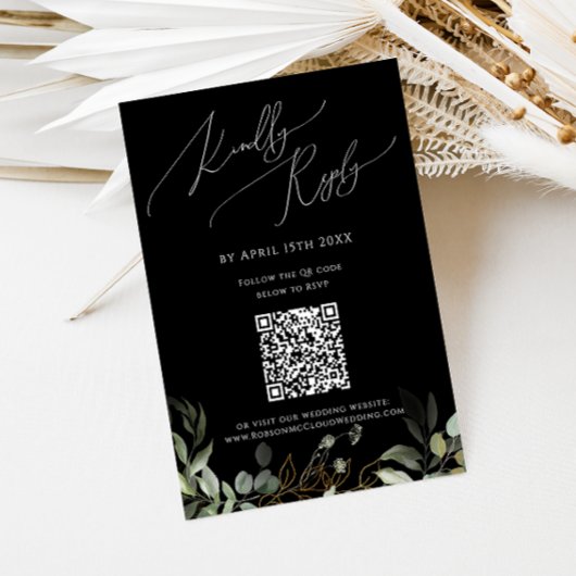 QR-Code für Whimsical Greenery Black und Gold RSVP Karte