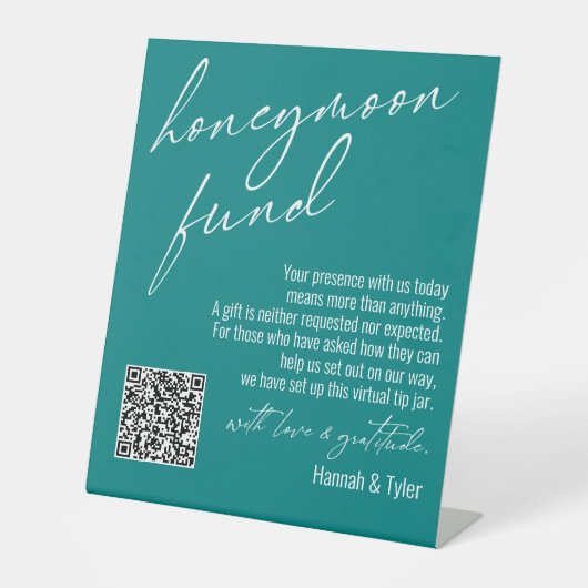 QR-Code für zeitgenössische Honeymoon-Fonds Aquama Sockelschild (Vorderseite)